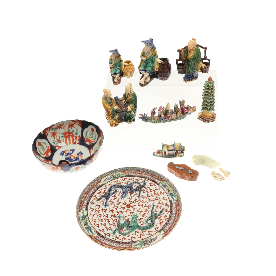 JADE FISH, CHINESE FIGURES & JAPANESE BOWL.