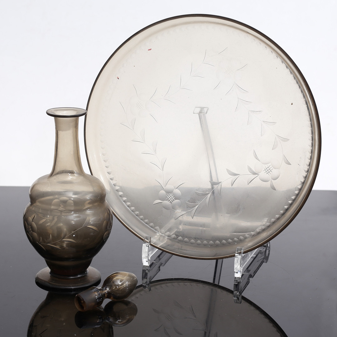 LIKÖRSET, 7 delar, rökfärgat glas, 1940-tal.