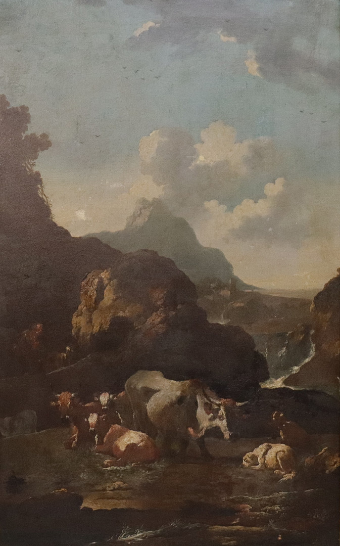 PHILIPP PETER ROOS (1655-1706). TILLSKRIVEN. aka Rosa da Tivoli, olja på duk, herde med kor i bergslandskap.