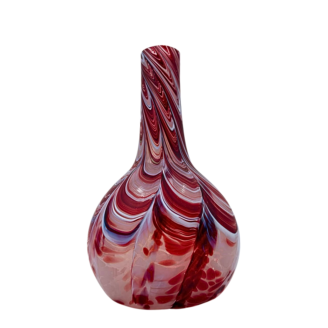 ROTE DESIGNER-GLASVASE DER DOROTHEENHÜTTE WOLFACH MIT ORIGINALEM HERSTELLERAUFKLEBER.