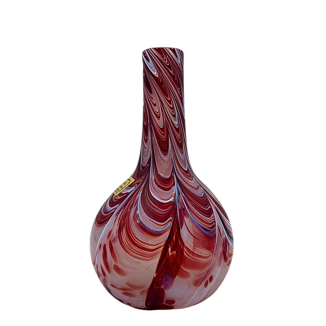ROTE DESIGNER-GLASVASE DER DOROTHEENHÜTTE WOLFACH MIT ORIGINALEM HERSTELLERAUFKLEBER.