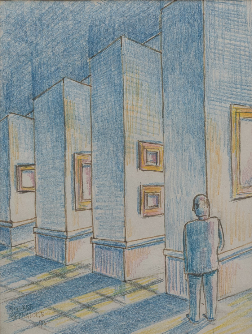 SIGVARD BERNADOTTE. Man på konsthall, krita, signerad och daterad -93.