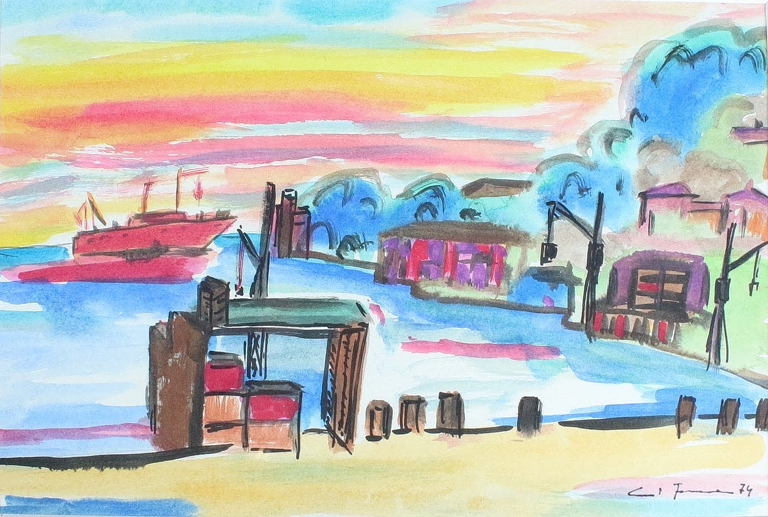 ERNST FERMEN (* 1947). 'Hafenstadt', Aquarell auf Papier, signiert.