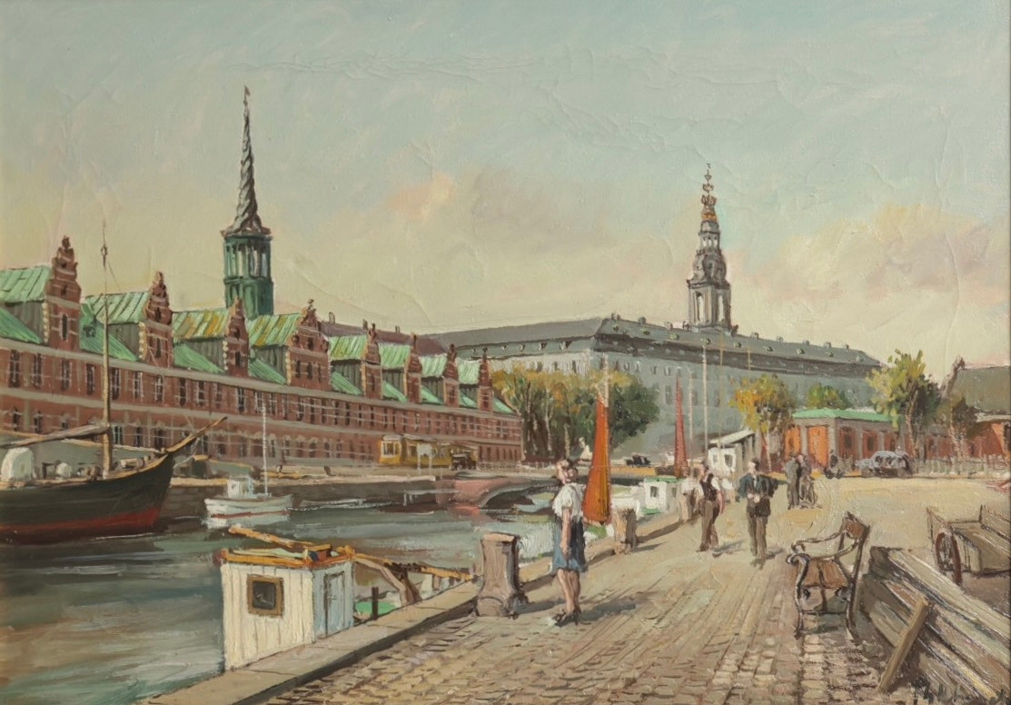 THEODOR ULRICHSEN (1905-1970). Olie på lærred, motiv fra København med udsigt mod Børsen og Christiansborg. Sign. Th. Ulrichsen.