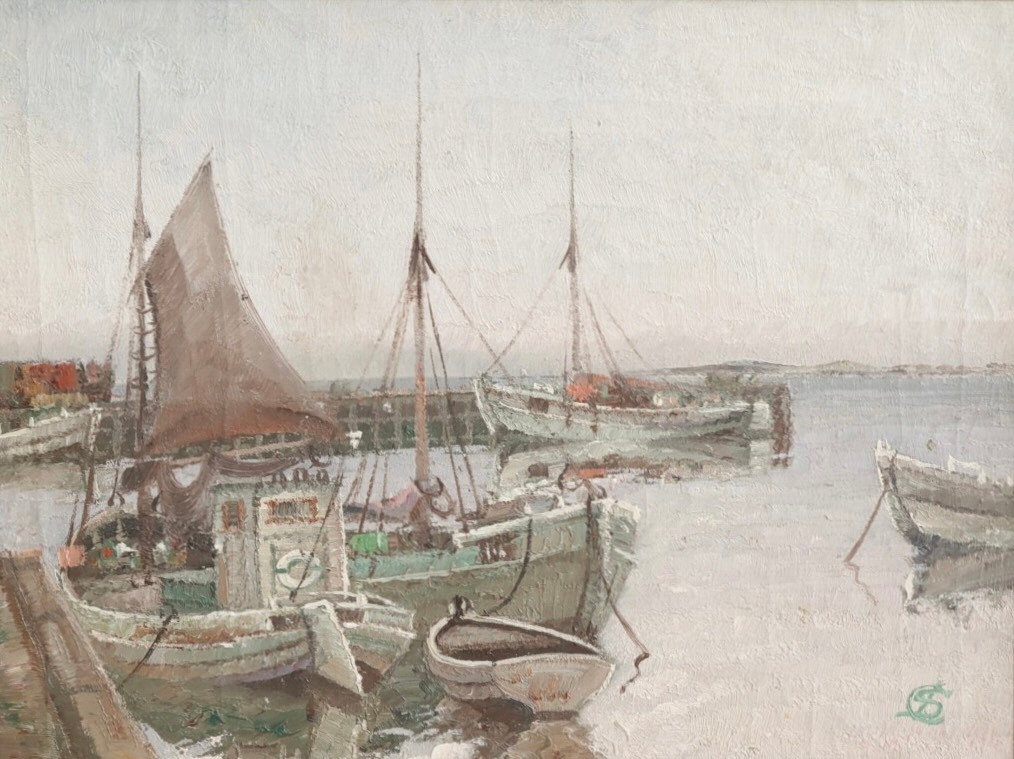 JENS SINDING CHRISTENSEN (F. GENTOFTE 1888, D. 1980). Olie på lærred, motiv af fra havn. Signeret "JSC". Danmark.