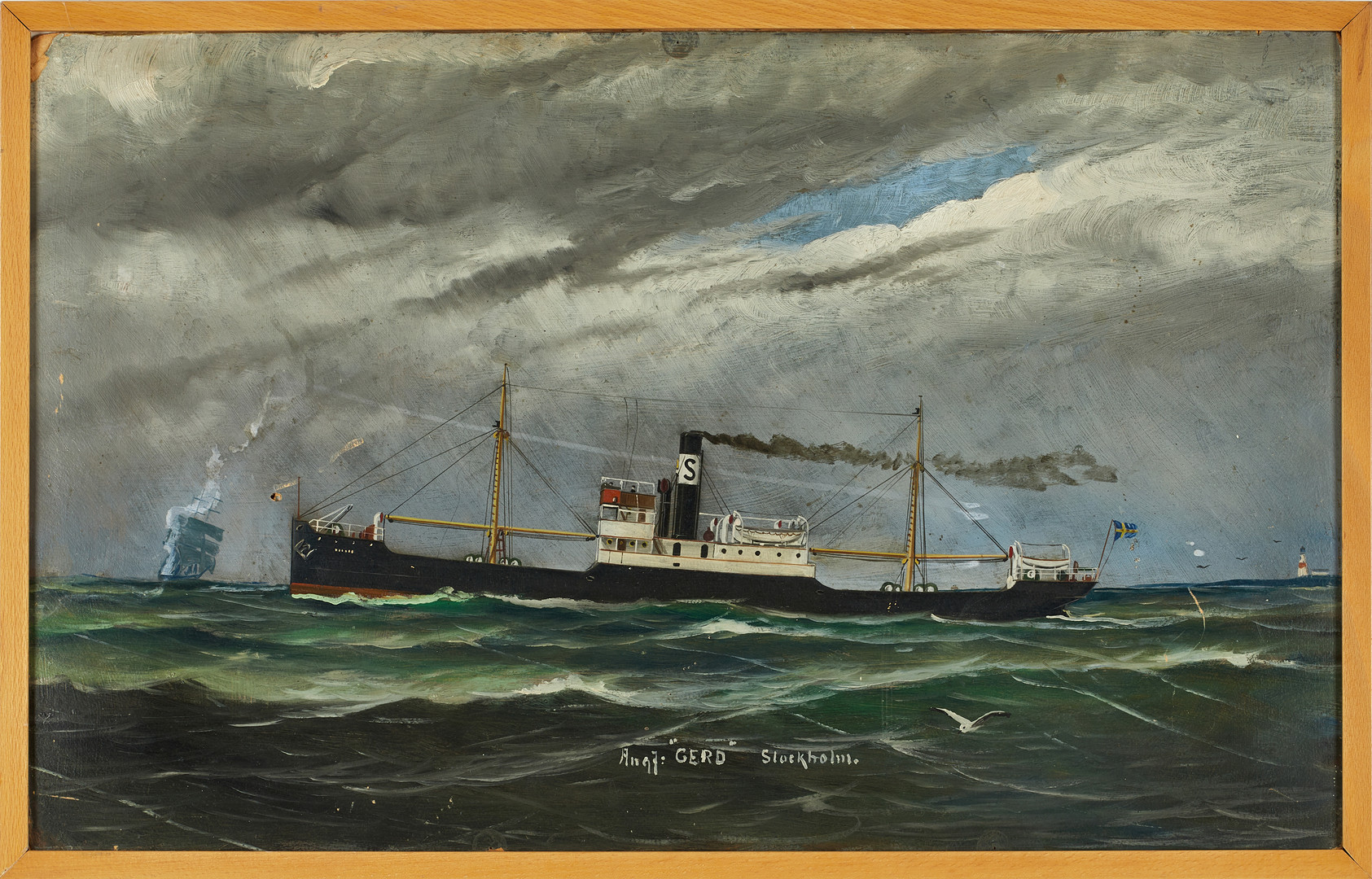 TOR SCHÜSSLER (1873-1933). Fartygsporträtt av ångfartyget "Gerd" Stockholm, signerad med signatur föreställande mås, olja på pannå.