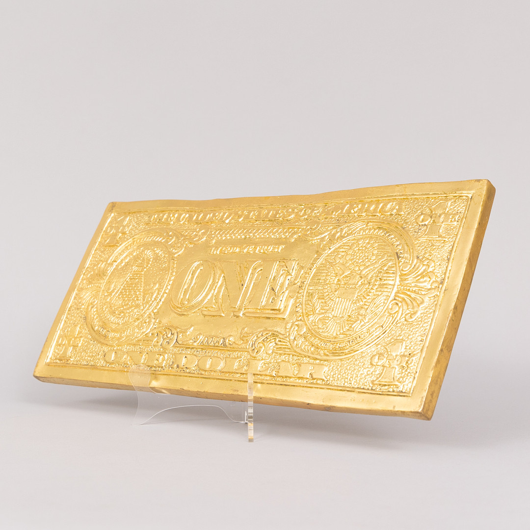 ANDREAS WARGENBRANT. Relief, "My first dollar", 24 karat bladguld på patinerad brons, handsignerad och daterad 2023.