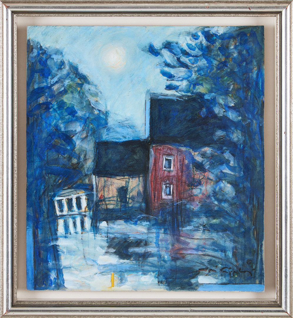 JUSSI TAIPALEENMÄKI. "Kvarndammen / Idyll", olja och blandteknik på papp-pannå, signerad, -93.