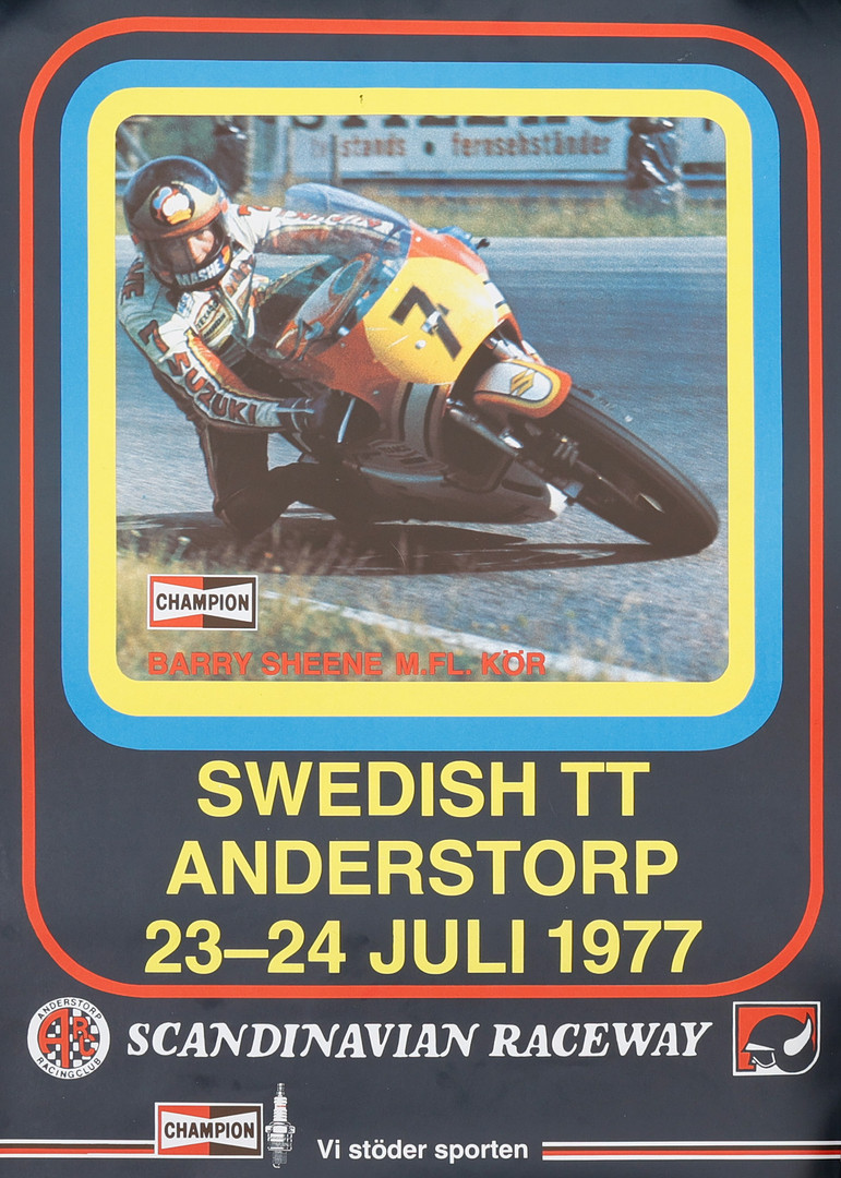 AFFISCH, 1977, Swedish TT roadracing i Anderstorp med Barry Sheene på sin Suzuki.