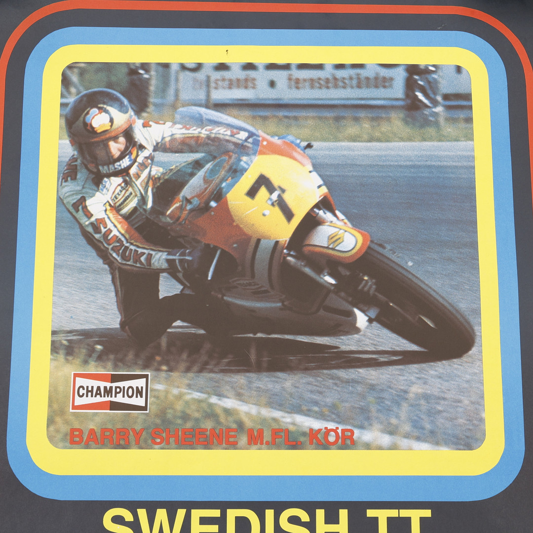 AFFISCH, 1977, Swedish TT roadracing i Anderstorp med Barry Sheene på sin Suzuki.