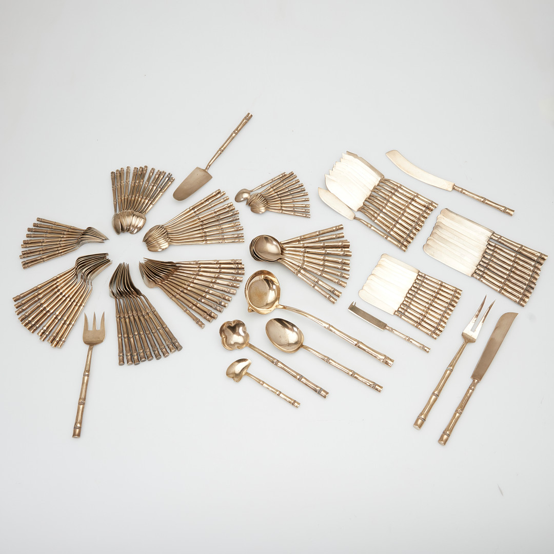 THAILÄNDISCHES BESTECKSET IM BAMBUS-DESIGN, Nickelbronze, 1970er Jahre. (134).