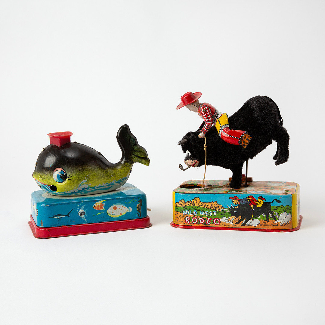 LINEMAR. "Bubbling Bull" och "Bubbling Whale", Litograferad plåt, Japan, 1950-tal.
