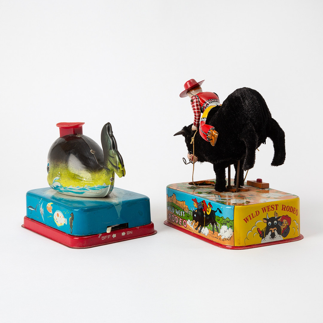 LINEMAR. "Bubbling Bull" och "Bubbling Whale", Litograferad plåt, Japan, 1950-tal.