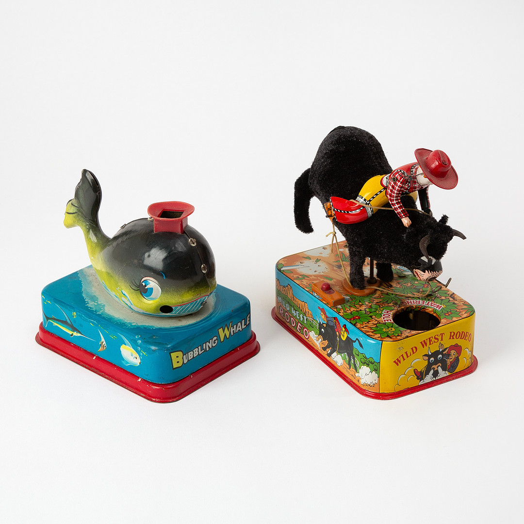 LINEMAR. "Bubbling Bull" och "Bubbling Whale", Litograferad plåt, Japan, 1950-tal.