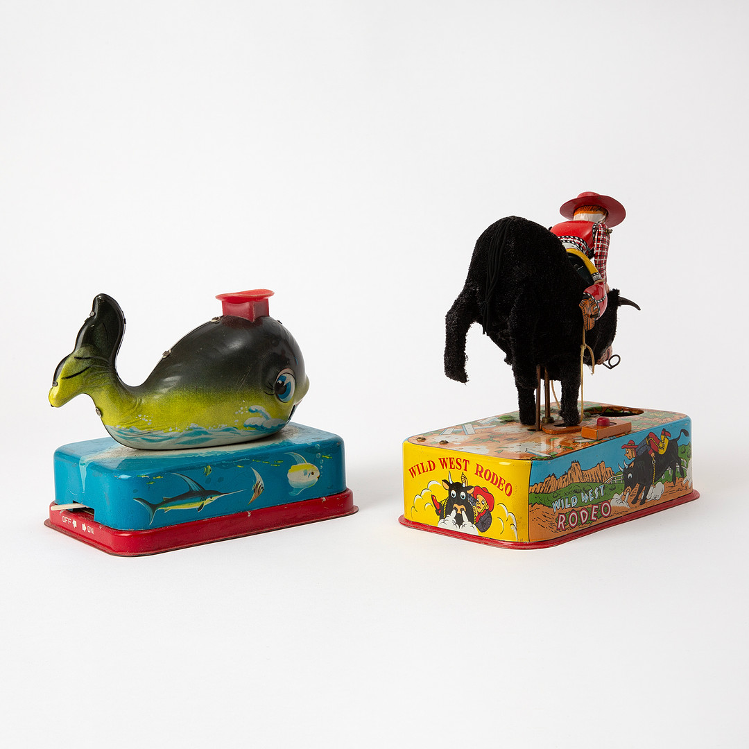 LINEMAR. "Bubbling Bull" och "Bubbling Whale", Litograferad plåt, Japan, 1950-tal.