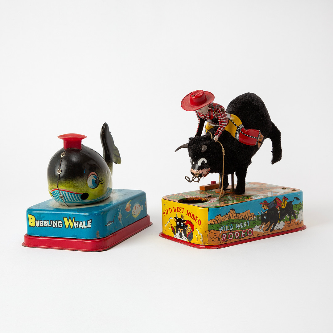 LINEMAR. "Bubbling Bull" och "Bubbling Whale", Litograferad plåt, Japan, 1950-tal.