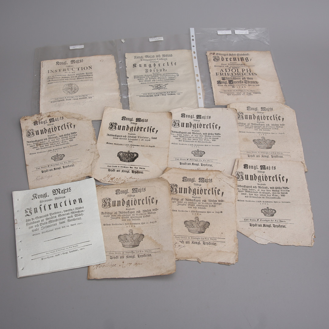 KUNGÖRELSER/INSTRUKTIONER, 10 st, från 1742 till 1820.