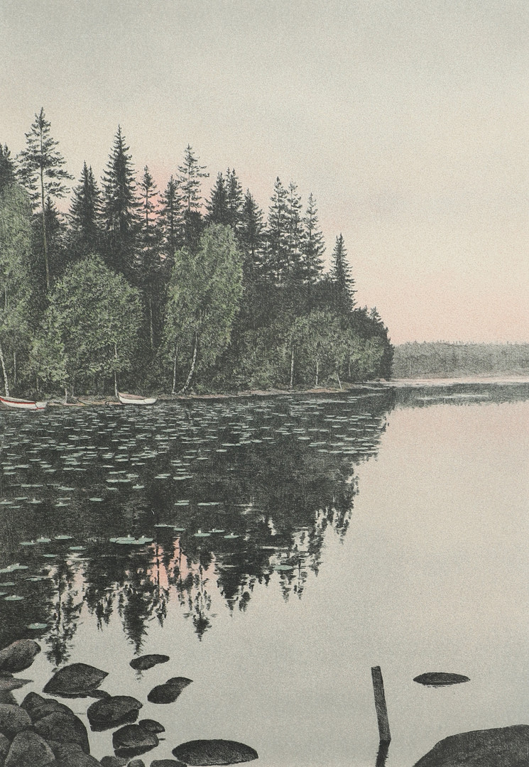 REINHOLD LJUNGGREN. Färglitografi, insjö, signerad, numrerad 188/425.
