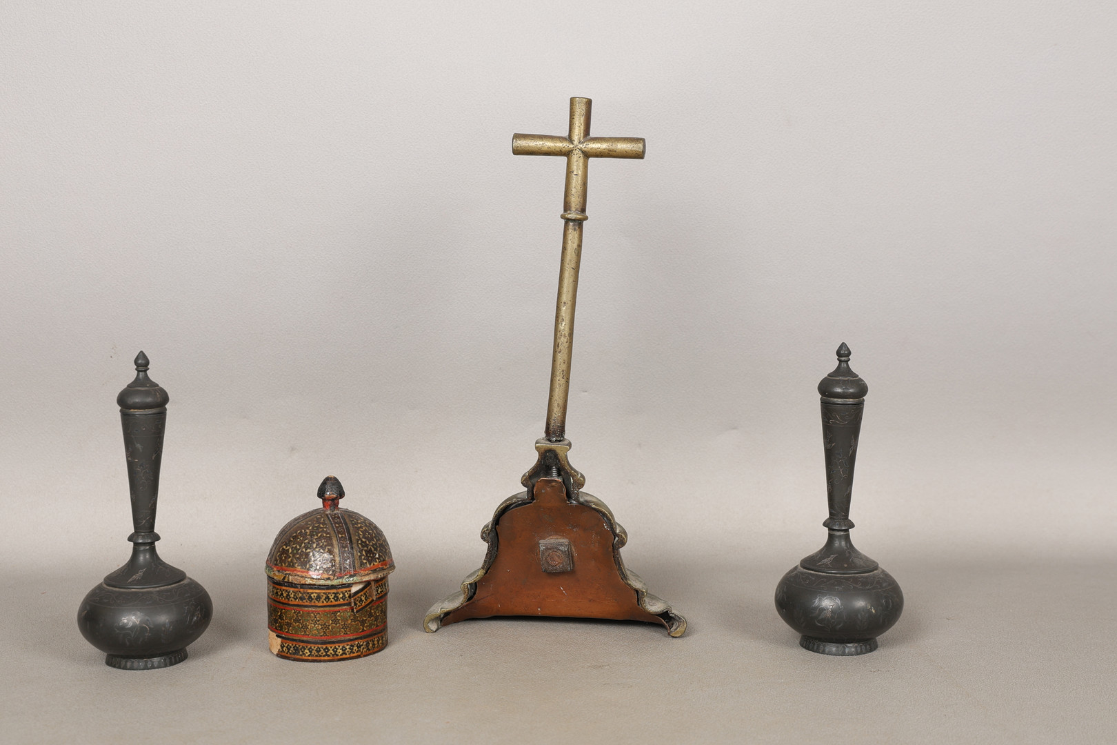 A 19TH CENTURY BRASS DOOR PORTER AND WORKS OF ART (QTY).