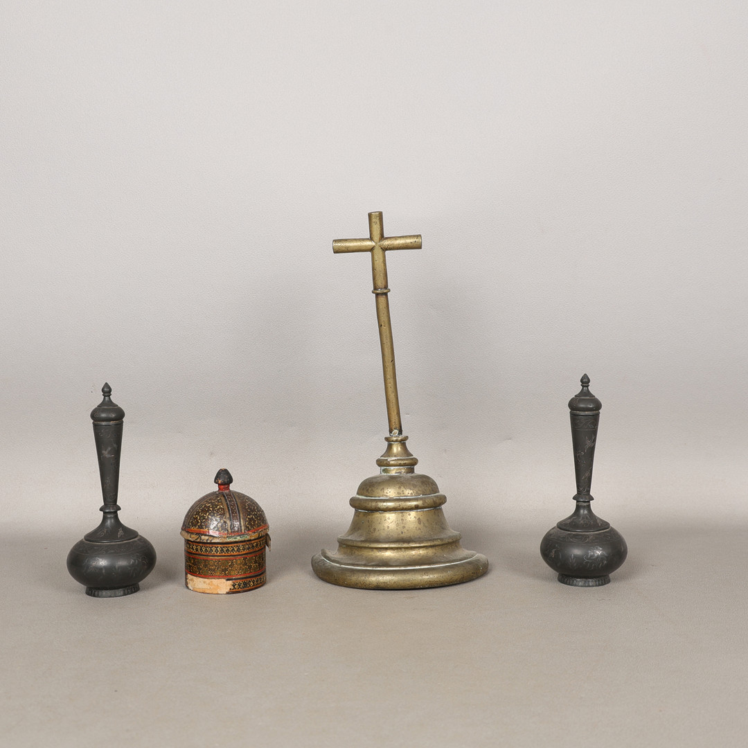 A 19TH CENTURY BRASS DOOR PORTER AND WORKS OF ART (QTY).