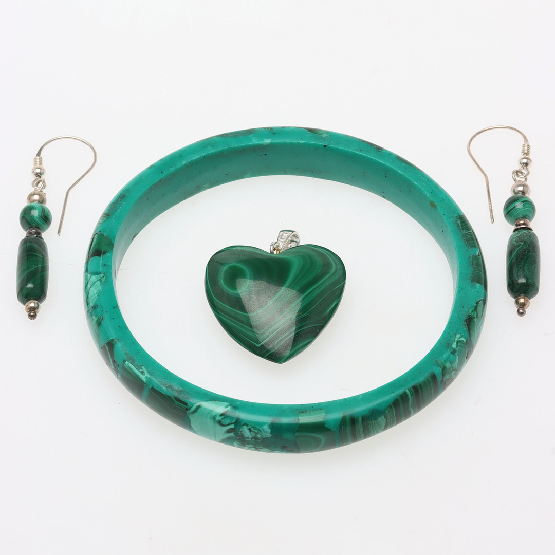 SMYCKESSET, 3 delar, malakit & sterlingsilver.