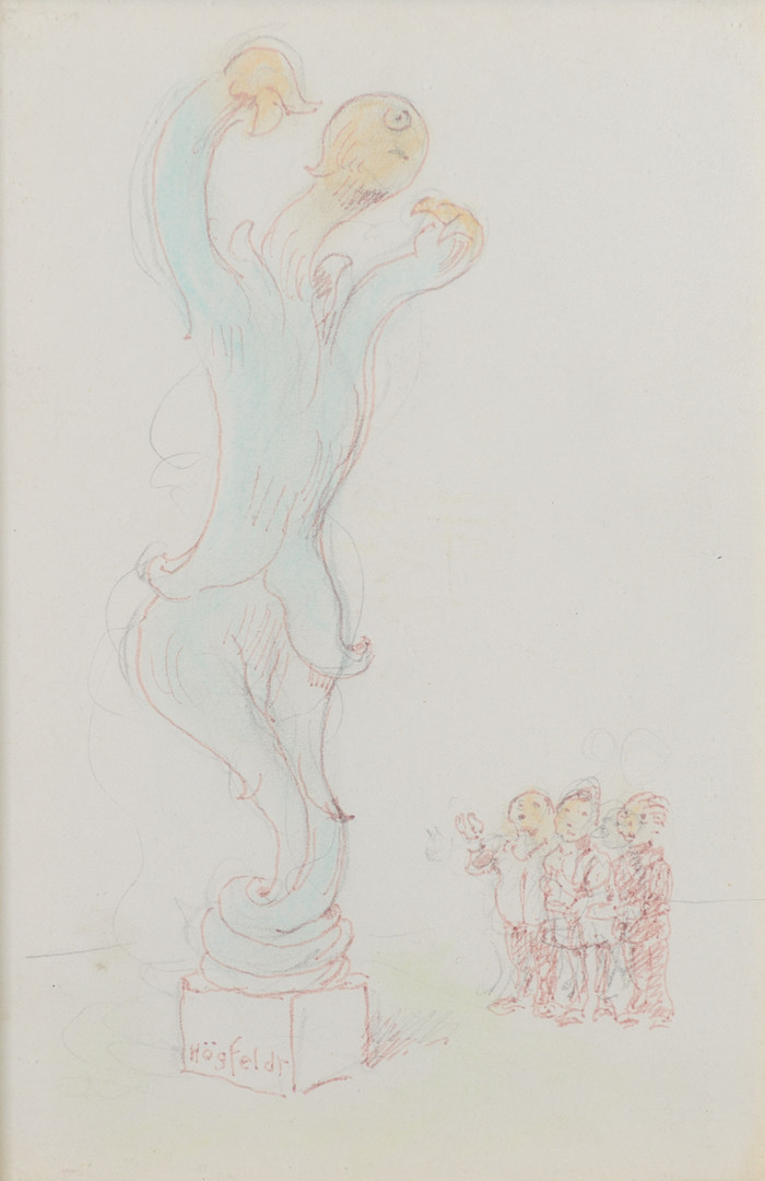 ROBERT HÖGFELDT. Surrealistisk staty med åskådare, teckning, signerad.