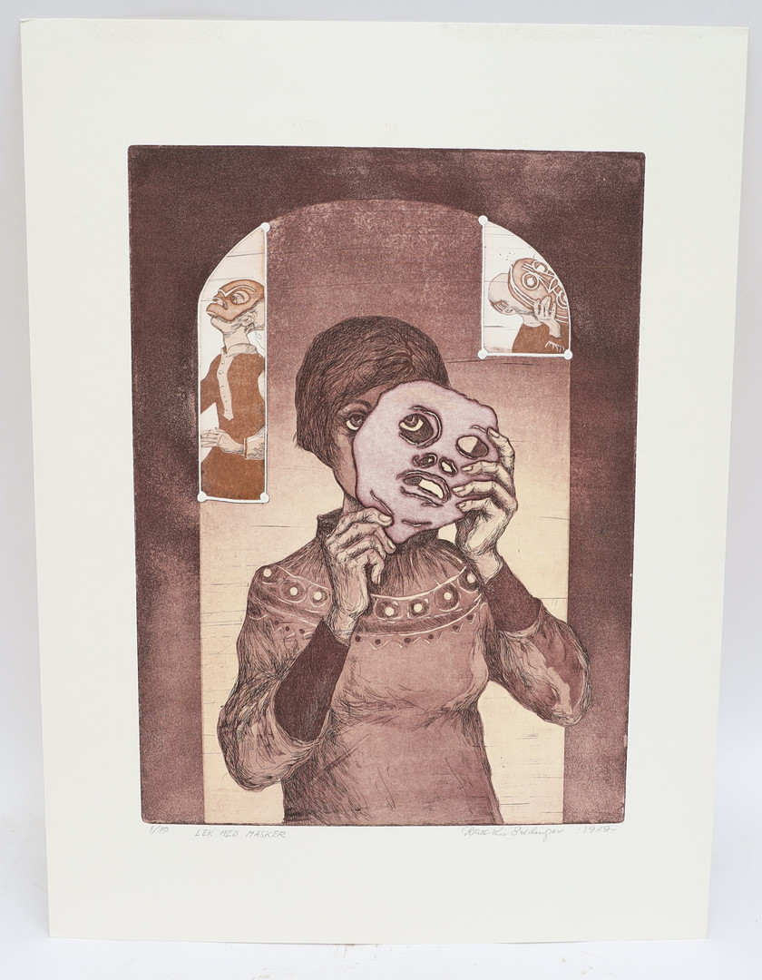 BRITT-LIZ SELDINGER. "Lek med masker" färgetsning, signerad och numrerad, daterad 1979.