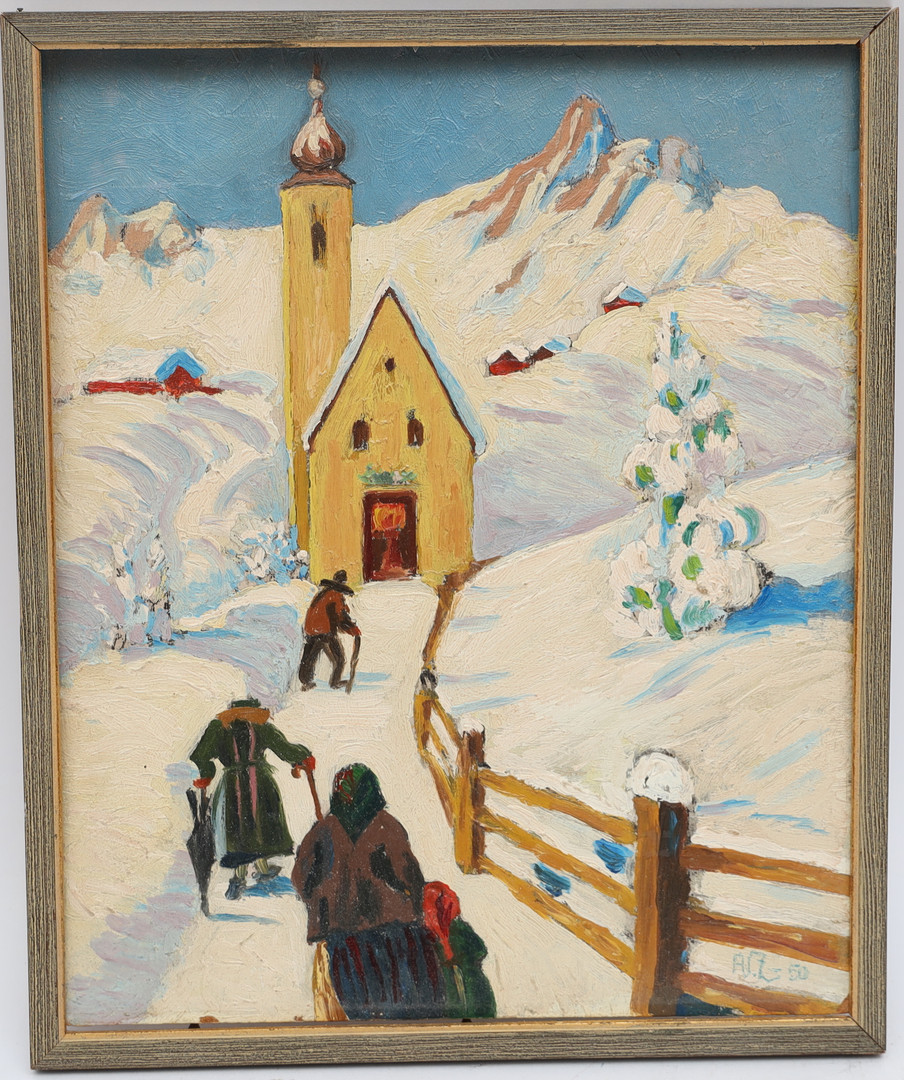 OIDENTIFIERAD KONSTNÄR. Promenad till kyrkan, oljemålning på pannå, monogramsignerad och daterad 50.