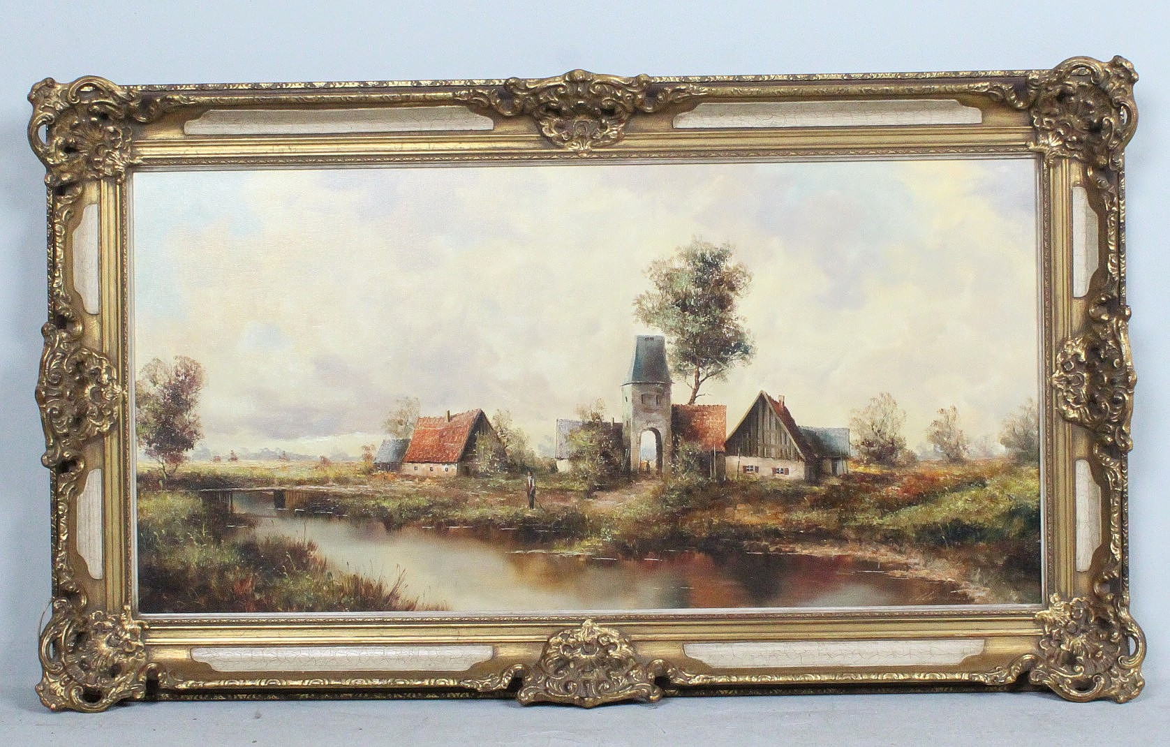 Unbekannter Künstler. 'Dorf am Fluss', Öl auf Leinwand, signiert.