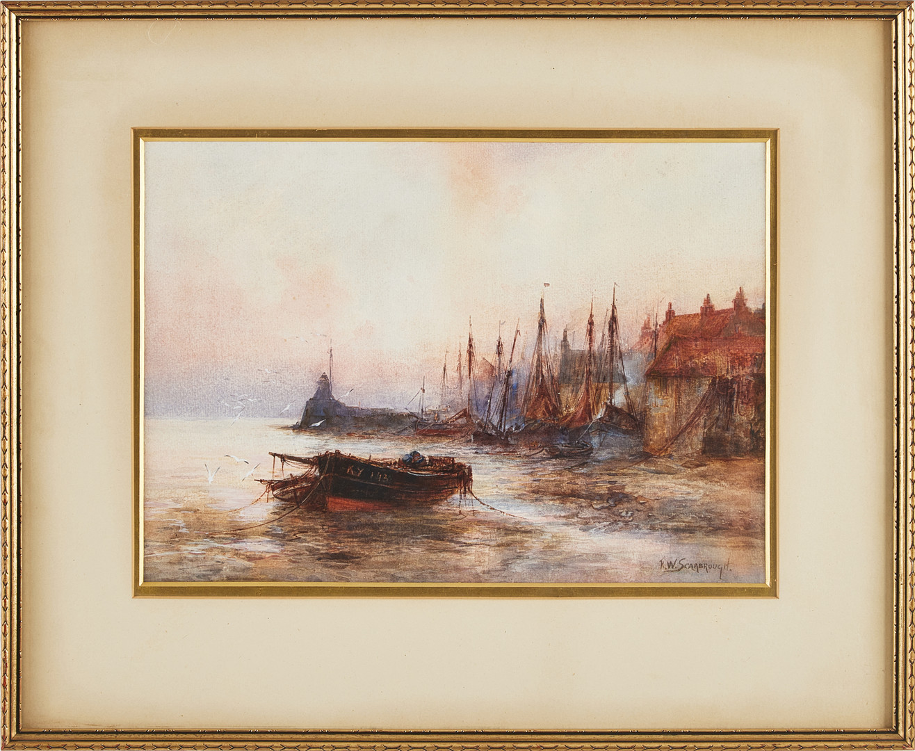 FREDERICK WILLIAM SCARBOROUGH (1860-1939). Hamnbild med fiskebåtar, akvarell.