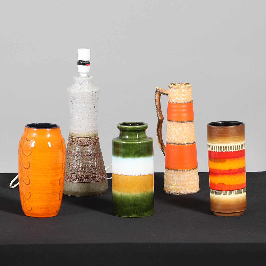 GERMAN AND OTHER MID CENTURY VASES AND LAMP.