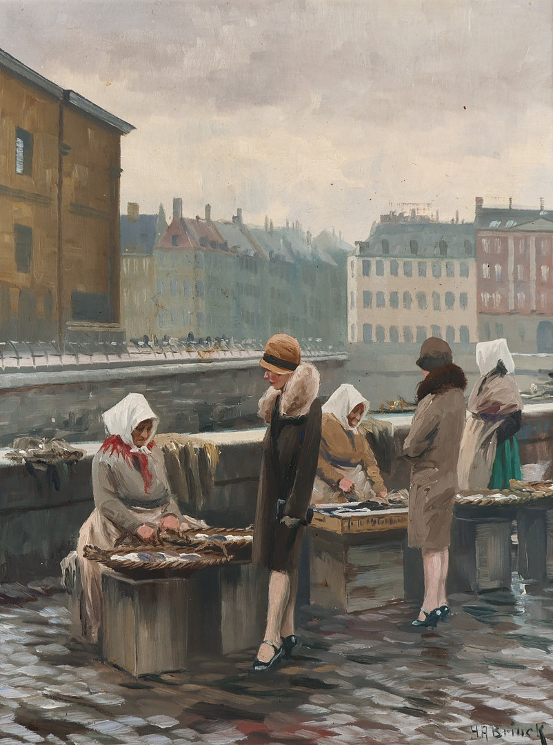 H. A. BRINCK ALIAS SØREN CHRISTIAN BJULF (1890-1968). Motiv fra Fiskerkonerne på Gammel Strand, olie på lærred, signeret.