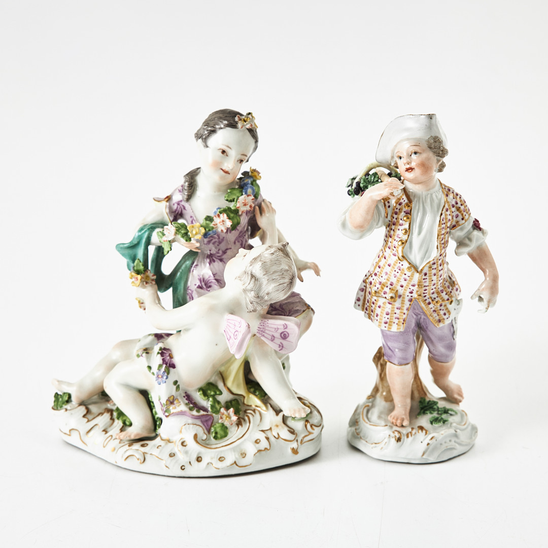 MEISSEN (etabl. 1710), figuriner, 2 st., porslin, Tyskland, 1800-talets första kvartal, rokokostil, polykromt bemålade, detaljer i guld.