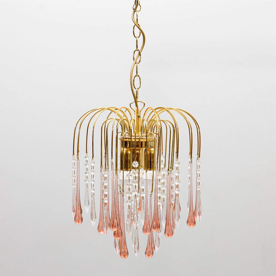 TAKLAMPA, mässing och glas, möjligen Paolo Venini, Murano, 1980-tal, höjd inkl takkopp ca 72 cm.