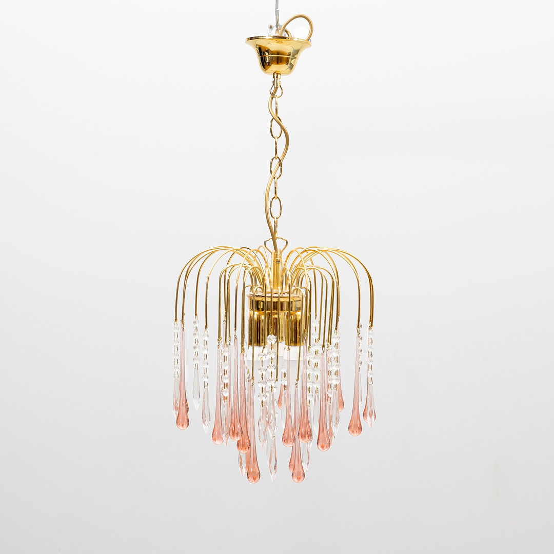 TAKLAMPA, mässing och glas, möjligen Paolo Venini, Murano, 1980-tal, höjd inkl takkopp ca 72 cm.