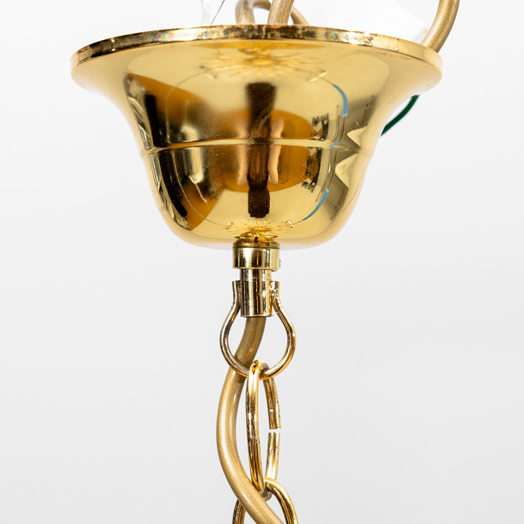 TAKLAMPA, mässing och glas, möjligen Paolo Venini, Murano, 1980-tal, höjd inkl takkopp ca 72 cm.