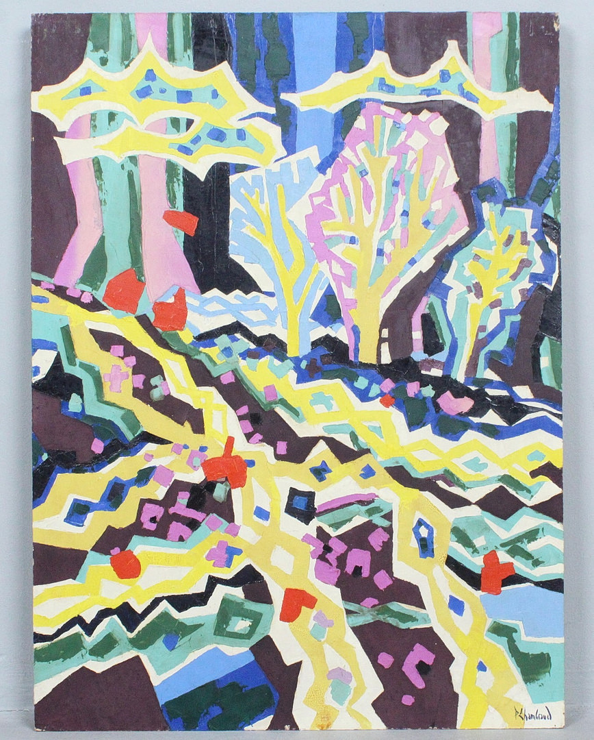 Unbekannter Künstler. 'Abstrakte Landschaft', Mischtechnik auf Hartfaserplatte, signiert.