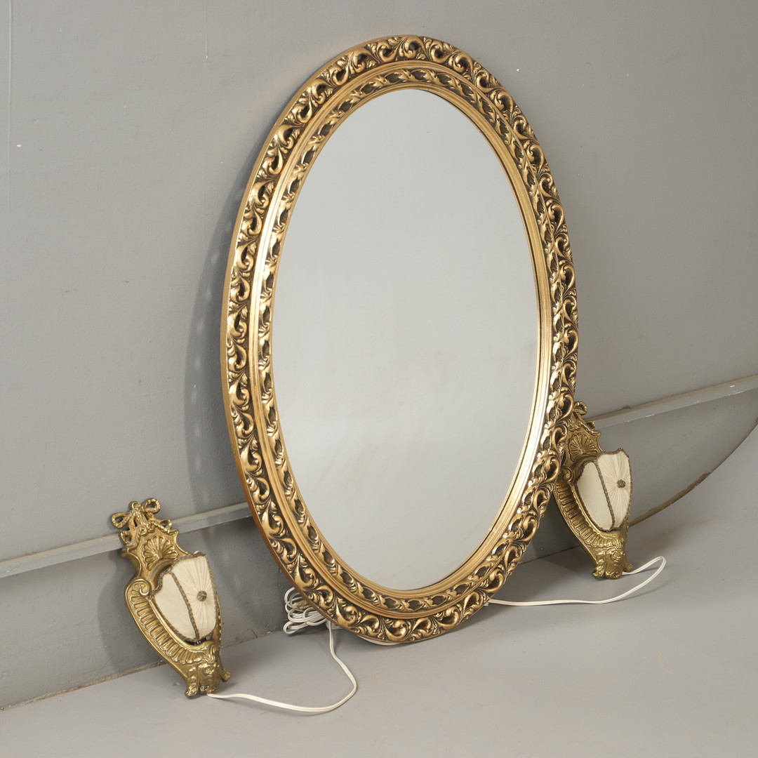 SPEGEL OCH LAMPETTER, 3 delar, glas/metall m. m., 1900-tal.