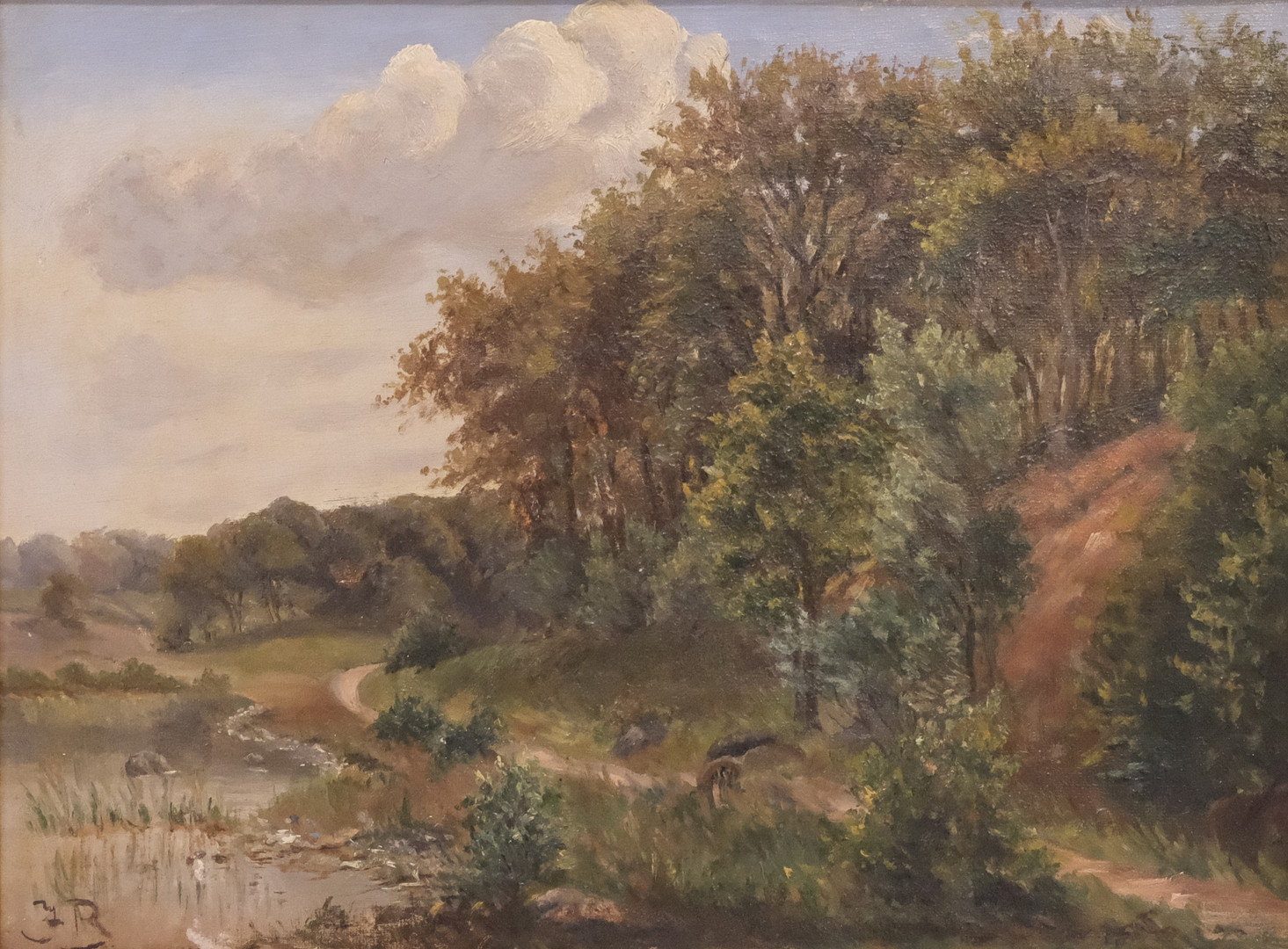 JOHANNES BOESEN. TILLSKRIVEN. OLJA PÅ DUK. LANDSKAP MED SKOG OCH VATTENDRAG. 1800-TAL.