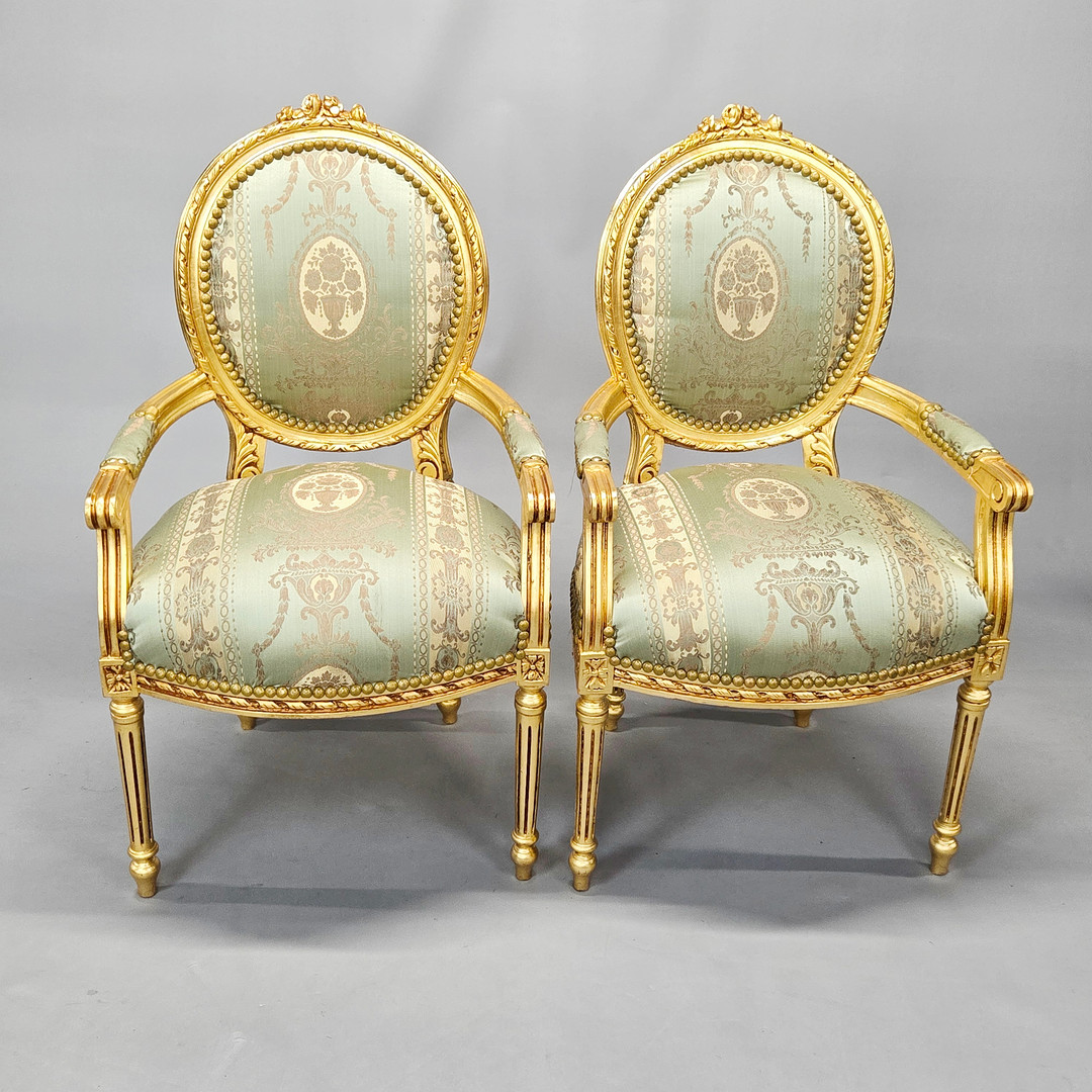 MINT GREEN & GILT DAMASK CHAIRS.