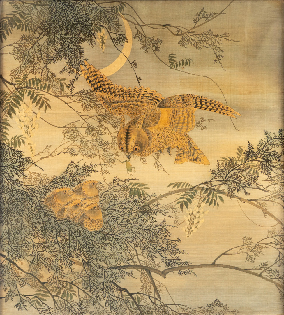 JAPANISCHE SCHULE. Fütterung der Eulenjungen, Yūzen-Birodo, Anfang 20. Jh.