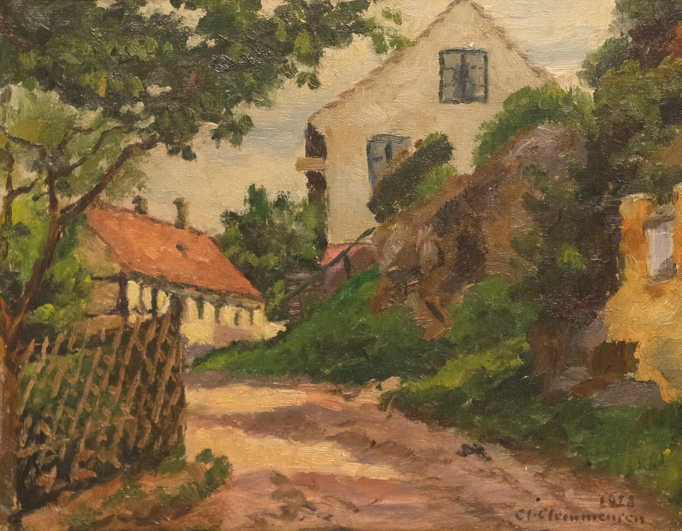 CLEMMEN CLEMMENSEN. OLJA PÅ DUK. GATUMOTIV MED HUS OCH TRÄD.