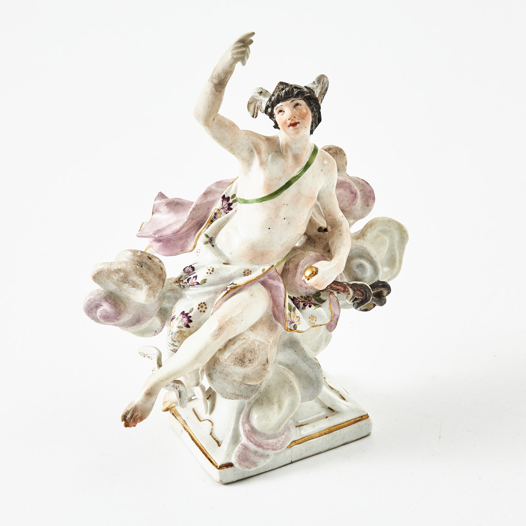 MEISSEN (etabl. 1710), figurin, porslin, Tyskland, 1700-tal, i form av Merkurius bland moln, polykromt bemålad, detaljer i guld.