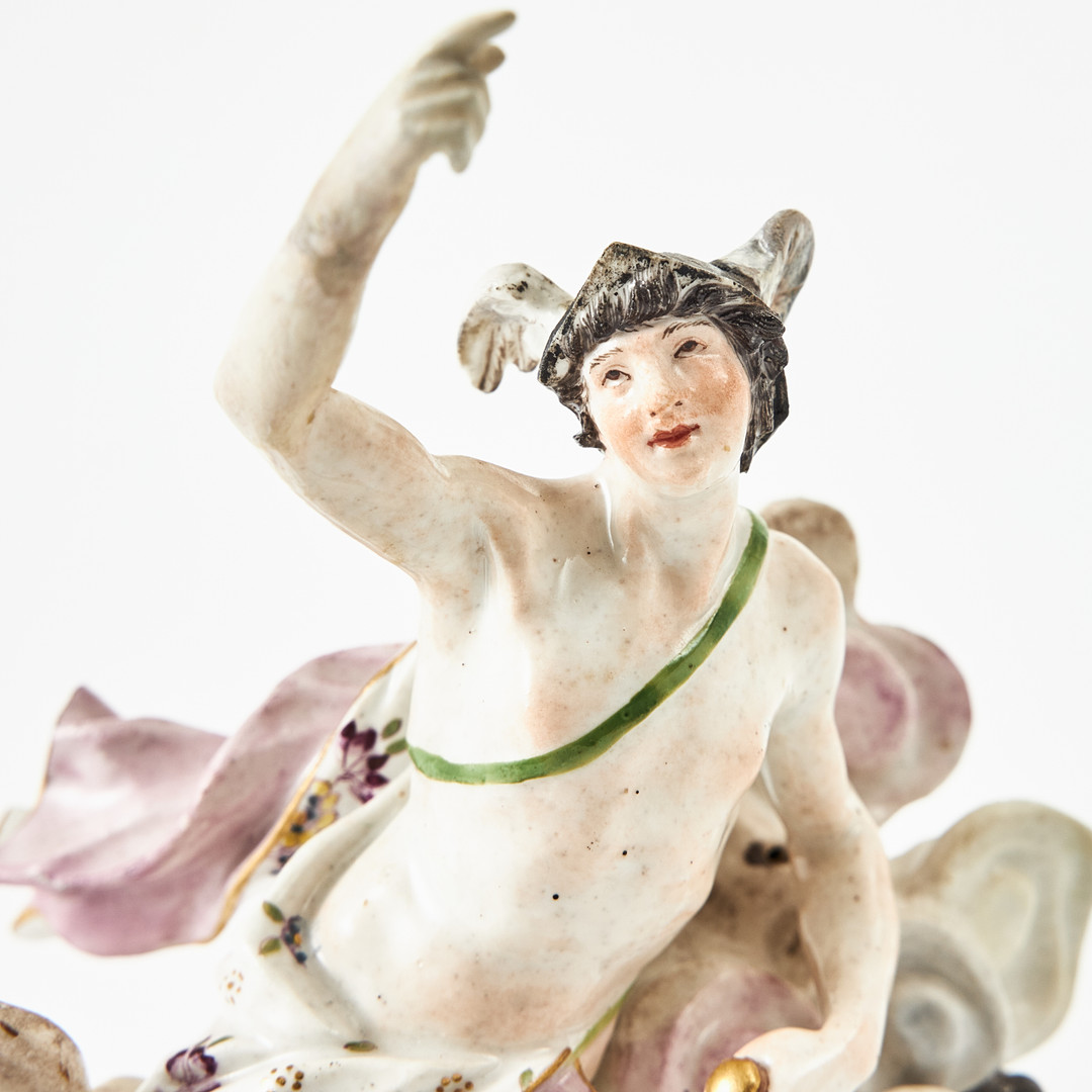 MEISSEN (etabl. 1710), figurin, porslin, Tyskland, 1700-tal, i form av Merkurius bland moln, polykromt bemålad, detaljer i guld.