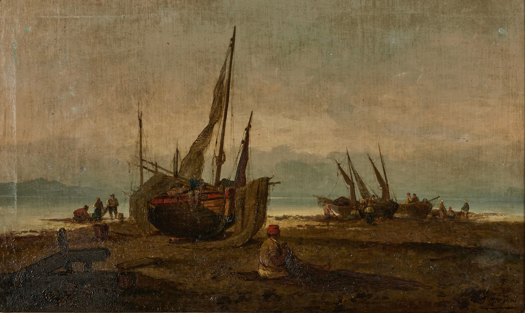 P. CASSANI (1800-tal). Fiskeskutor vid strandkant, signerad, olja på duk.