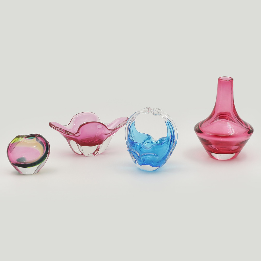 KONSTGLAS, 4 DELAR, MURANO, PAUL KEDELV, WALTER JOHANSSON ORREFORS MM, 1900-TAL.