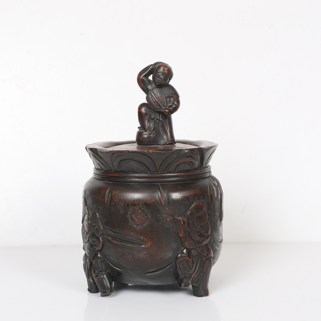 A JAPANESE HARDWOOD JAR AND COVER, MEIJI PERIOD.
