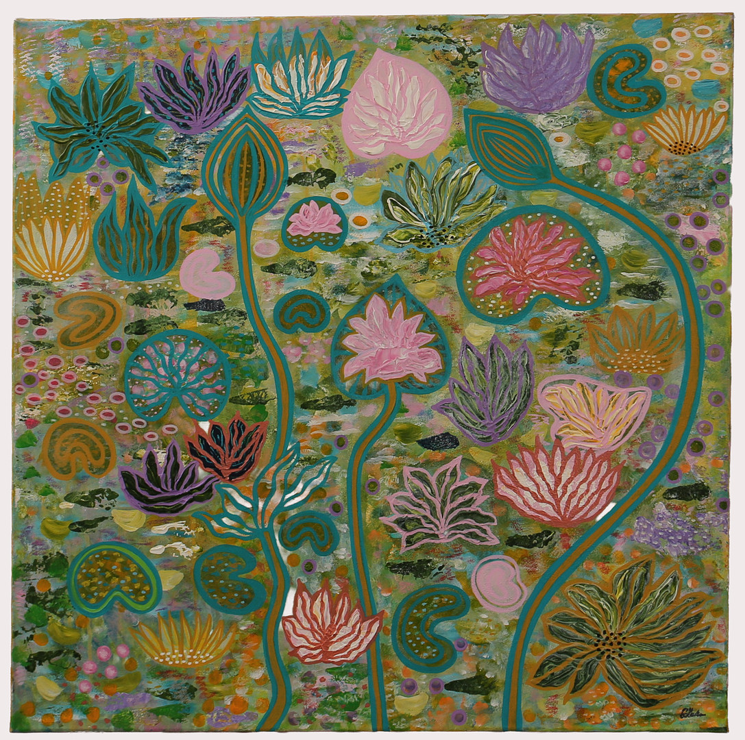 EWA ZAKOWSKI. Akryl på duk, "A flow of waterlilys", signerad.