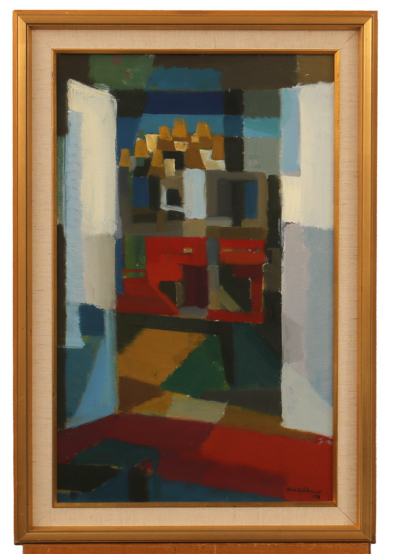 RICHARD BJÖRKLUND. Olja på duk, "Rött spelbord", signerad, daterad 1953.
