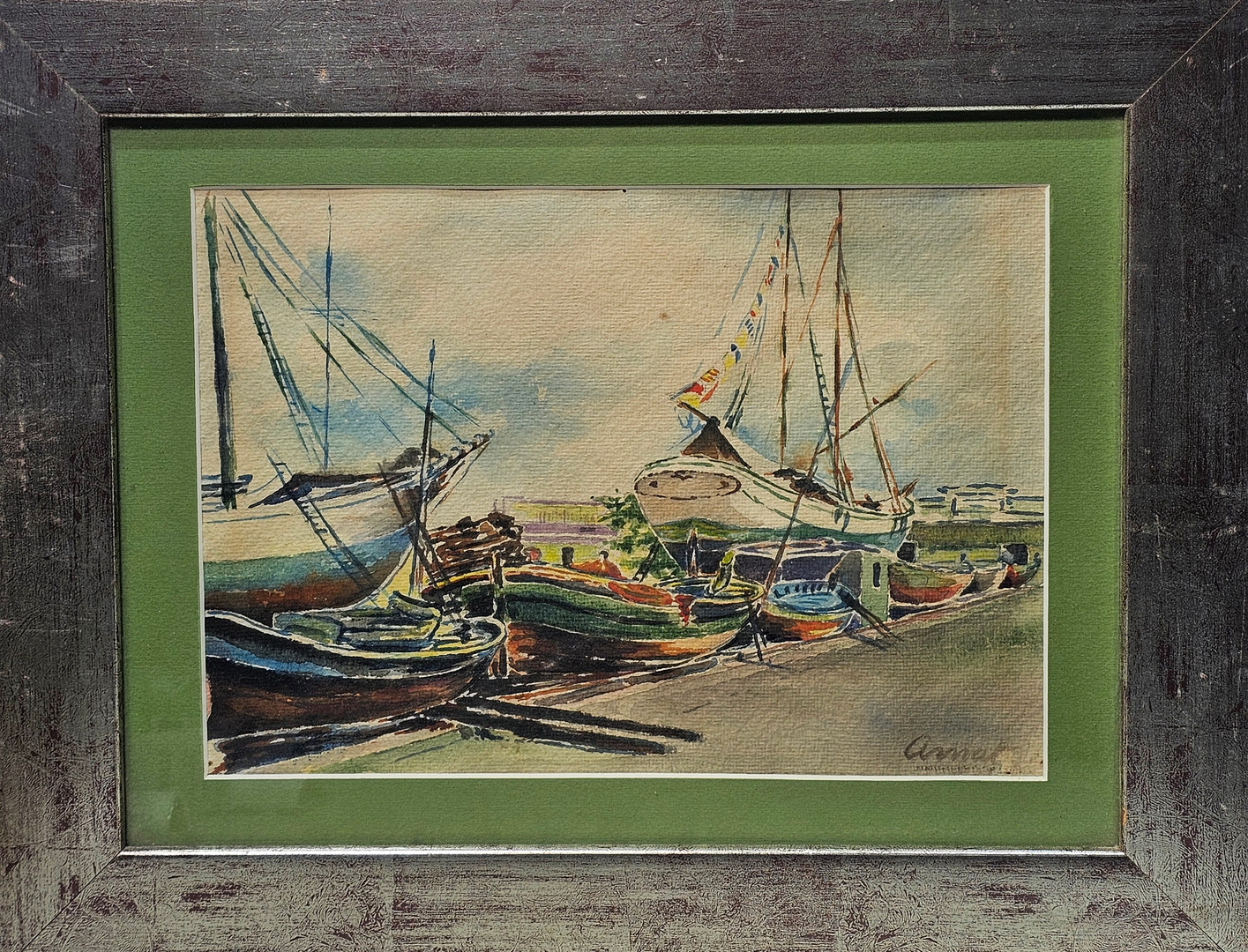 GABRIEL AMAT I PAGÈS (1899-1984). Paisaje con puerto y barcos, acuarela sobre papel.